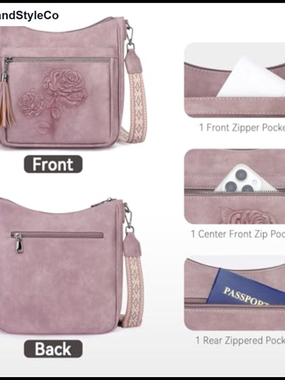 Vegan Leather Hobo Crossbody Bag with Floral Embossed Pattern - Picture 4 of 6